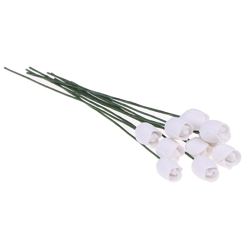 10pcs/set 1:12 Dollhouse Miniature Clay Tulip Ornament Flower Doll House Accessories: White