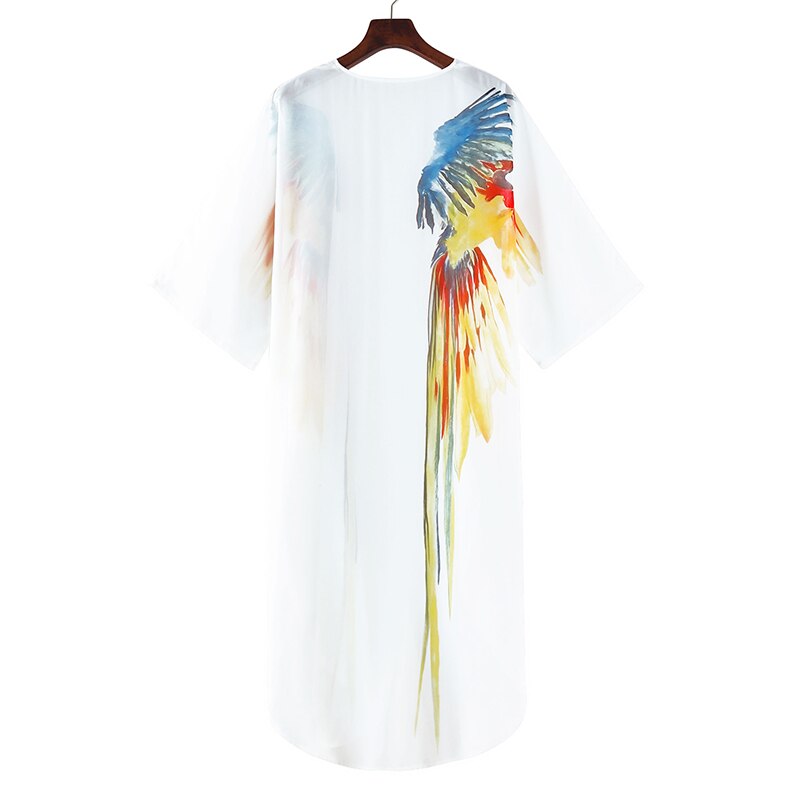 Bohemisk klänning chiffong bikini cover up kaftan vit klänning plus size kimono strandkläder tryck tunika för strand baddräkt cover up