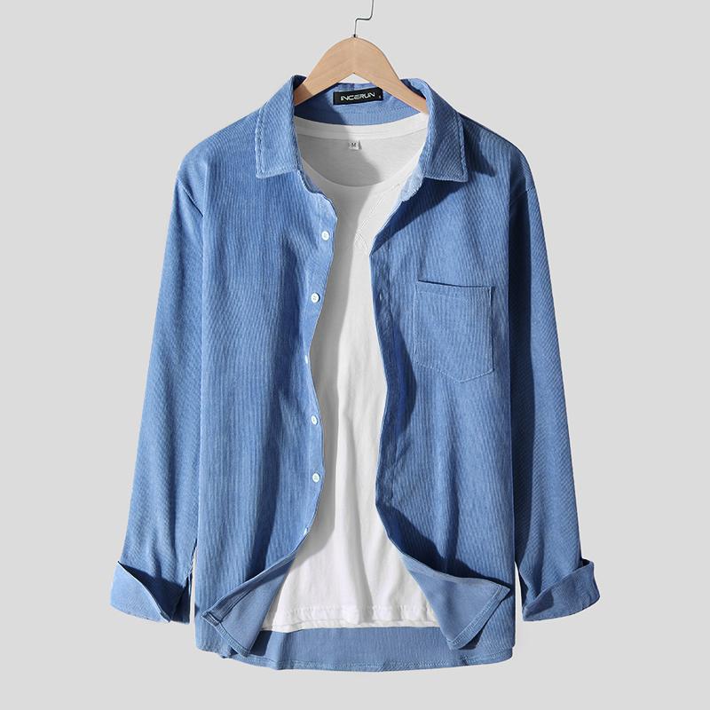 Efterår herre fløjlsskjorte ensfarvet langærmet revers mærke streetwear bluse chic camisa masculina incerun s -3xl: Blå / Xxl