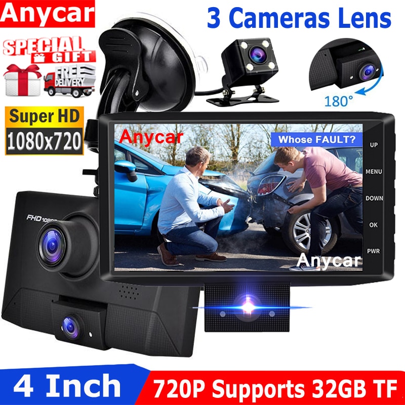 Videooptager dash cam dvr bilregistrator recorder dash kamera fuld  hd 1080p 3 in 1 dash cam hd dual lens dashcam 720p