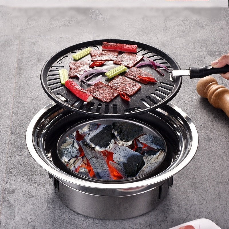 Stainless Steel Domestic Charcoal Barbecue Grill Commercial Round Non-stick Outdoor Camping Portable Charcoal Stove
