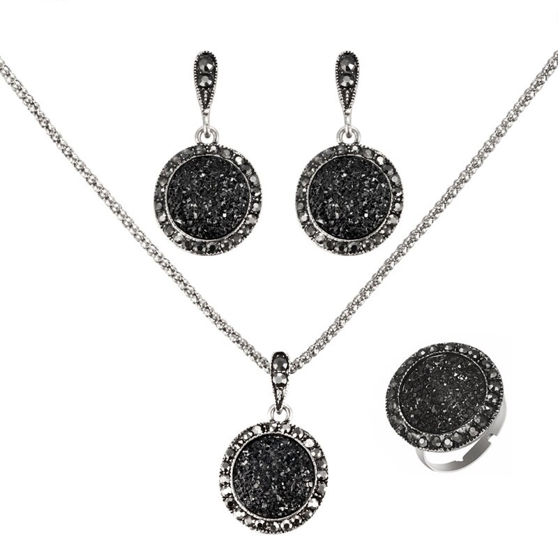 Ensembles de bijoux de charme pour femmes ensembles de bijoux de fête en strass noir chaîne ronde pendentif en pierre collier boucles d'oreilles anneau