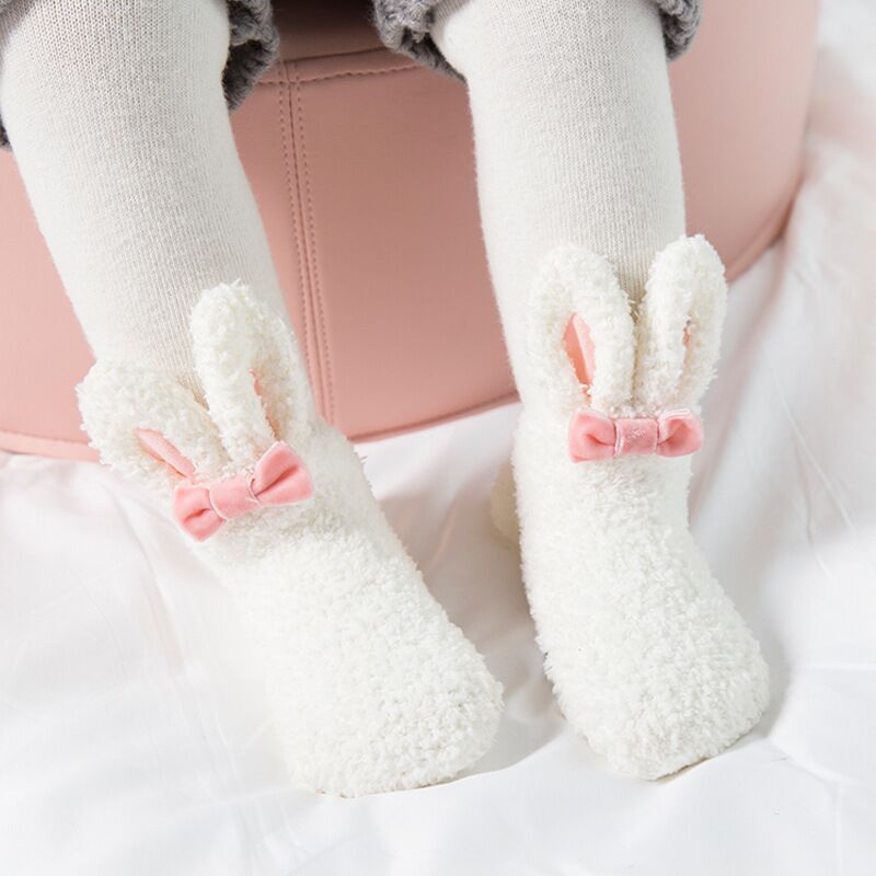 Coral Fleece Baby Meisje Sokken Leuke Konijn Kinderen Sokken Met Bogen Winter Anti-Slip Infant Toddler Kids Indoor Vloer sokken 1-3Y
