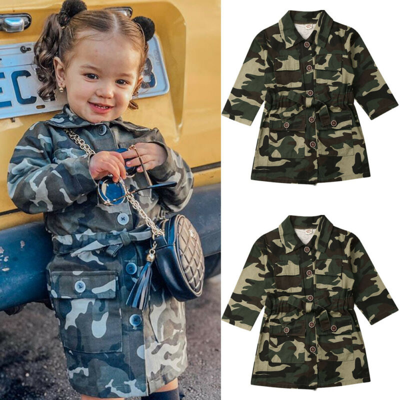1-6t småbørn baby pige tøj langærmet trench afslappet camouflage jakke knæ frakke overtøj efterår vinter toppe