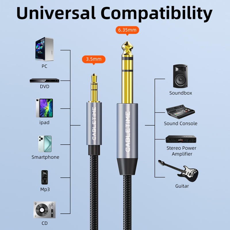 Cabletime 3.5mm a 6.35mm adaptador jack cabo aux para alto-falante amplificador de guitarra trs cabo de áudio jack 6.5mm a 3.5mm cabo de áudio