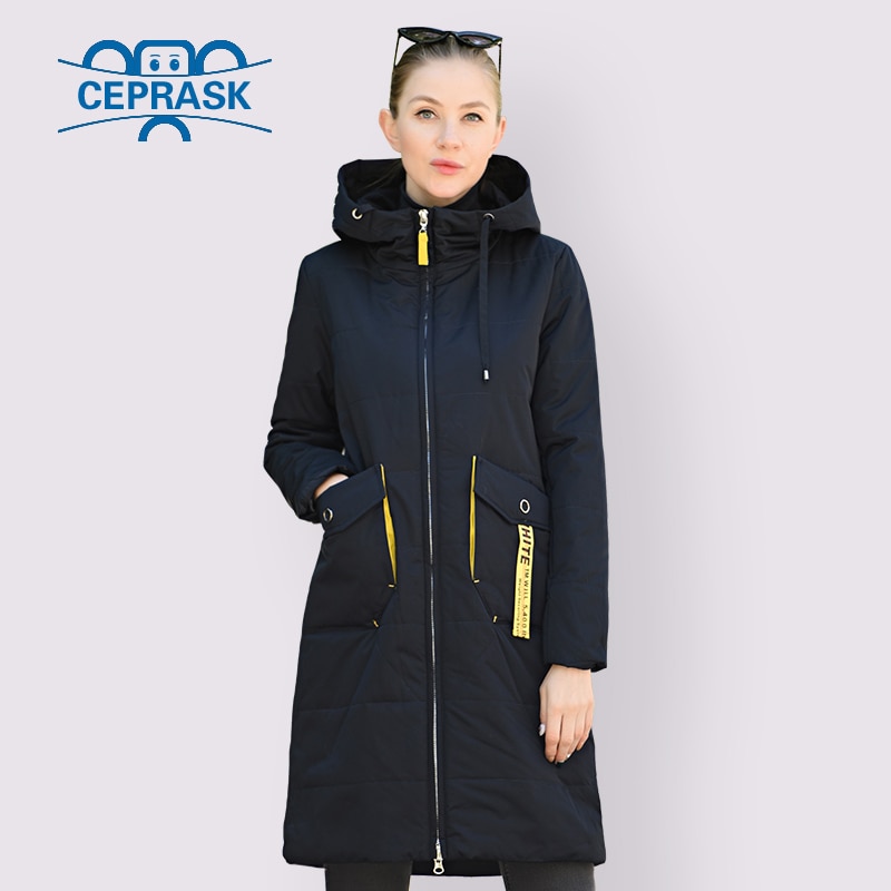 CEPRASK Spring Autumn Jacket Women Thin Cotton Parka Long Plus Size Hood Contrast Color Coat Cothes