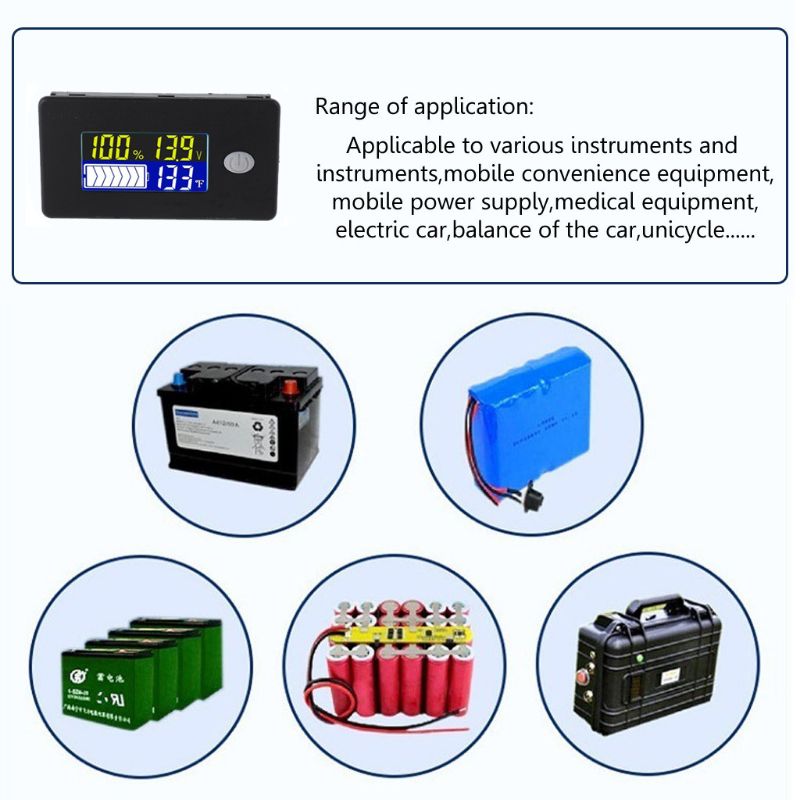 Univerisal batterikapacitetsindikator 12v 24v 36v 48v 60v 72v 10-100v li-ion lifepo 4 blysyre batteri monitor med temperatur
