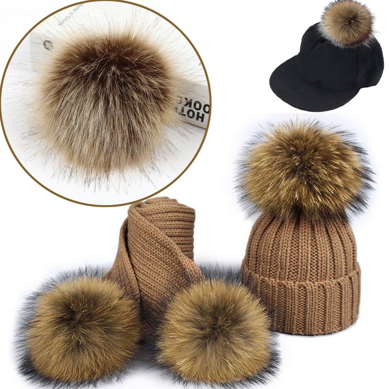 DIY Women Faux Raccoon Fur Pom Poms Ball for Knitting Beanie Hats Accessories Soft Hat Decoration with Buckle Hairball