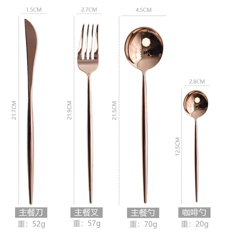 Acier inoxydable Western couverts Portugal 304 couteau à Steak et fourchette cuillère baguettes Dessert cuillère cuillère fruits fourchette Rose miroir Li: Four piece Set  Primary Knife  Fork and Spoon Coffee Spoon 