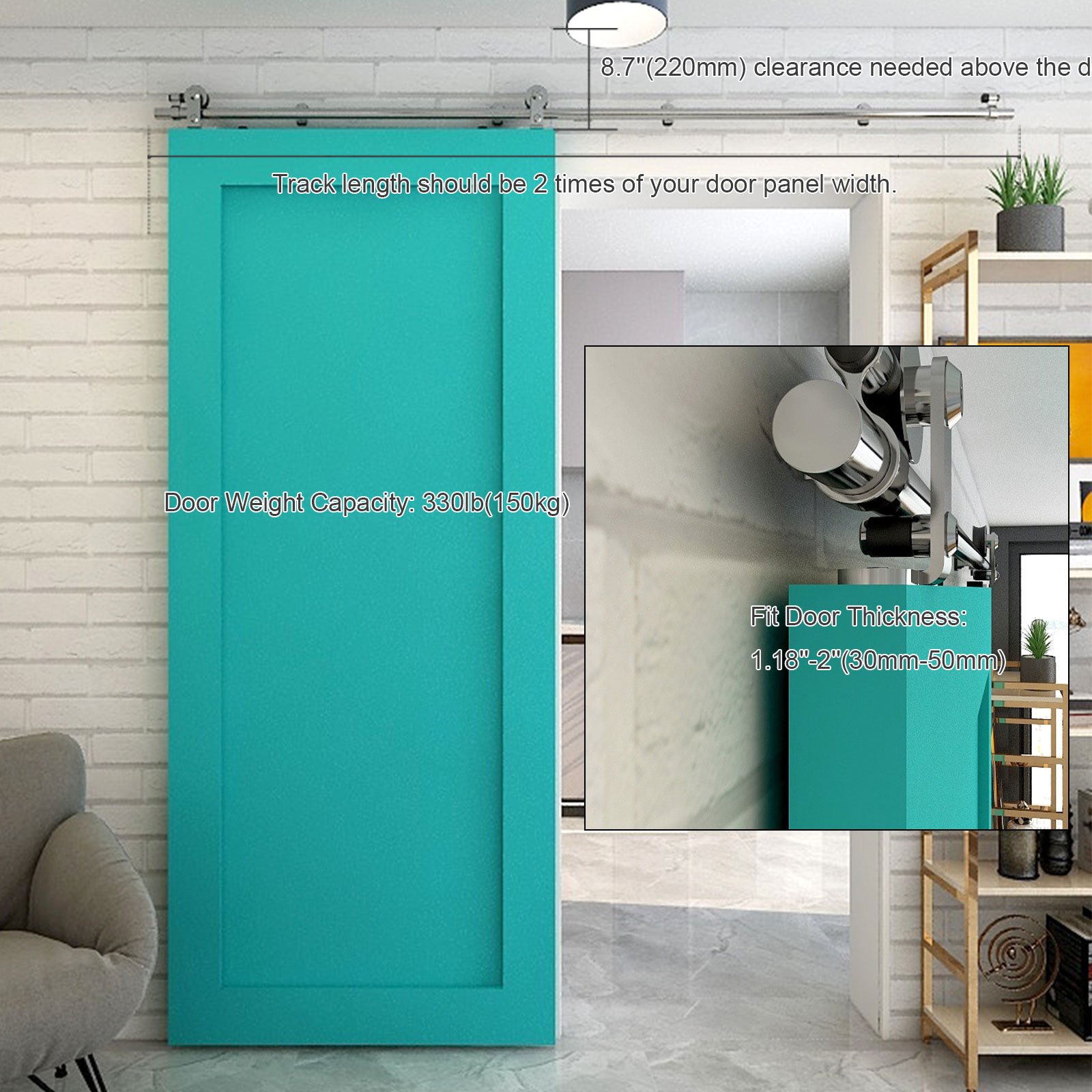 Sliding Door Hardware Closet Kit for Single Wood Door, Stainless Steel T Roller Kit 4FT-16FT