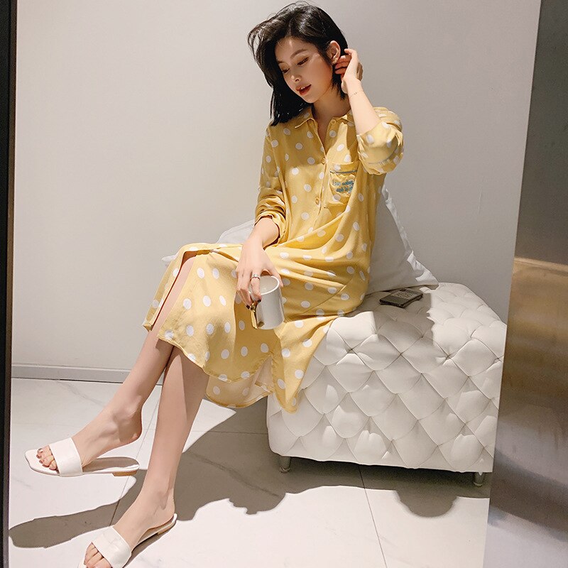 20 jaar lente dames bedrukt nachthemd lange mouw vest thuis dagelijks dragen rode pyjama roze nachtkleding voor vrouwen: Geel / Ik