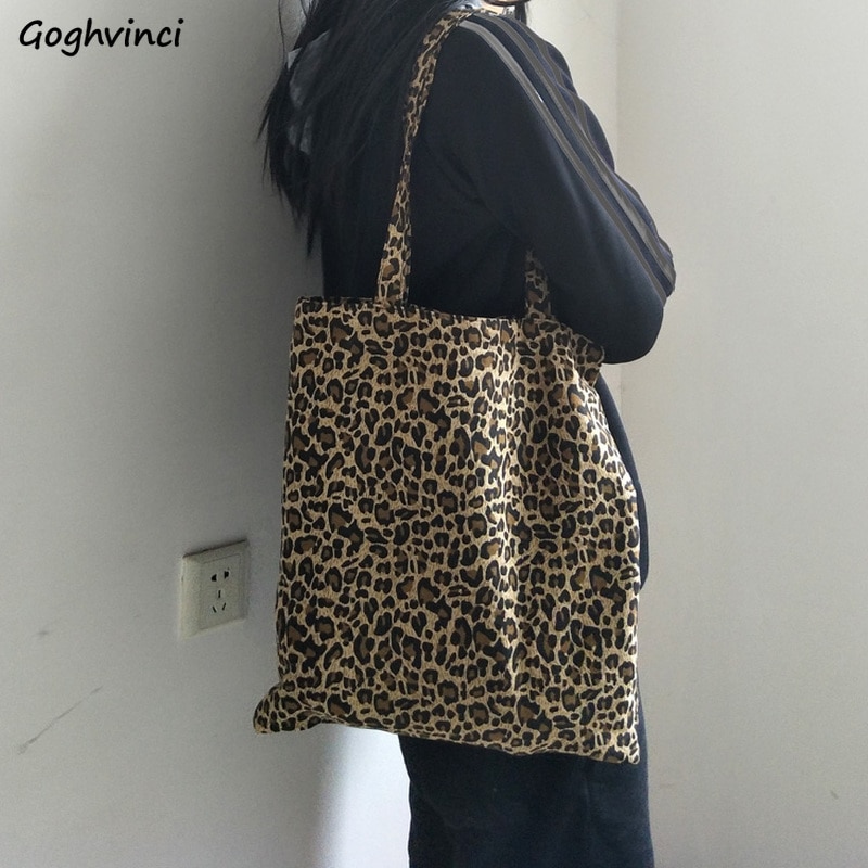 Shopping Bags Women Canvas Leopard Ins All-match Students Ulzzang Trendy Vintage Shoppers Chic Simple Chic Retro Totebag