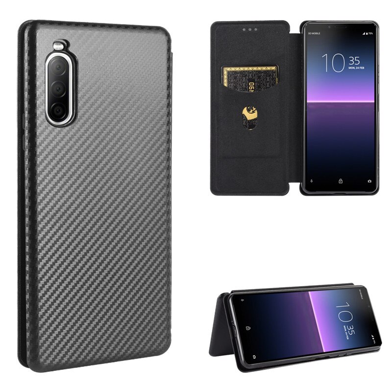 Voor Sony Xperia 10 Ii Case Carbon Fiber Pc Harde Kaarthouder Slim Leather Case Voor Sony Xperia10 Ii wallet Flip Cover