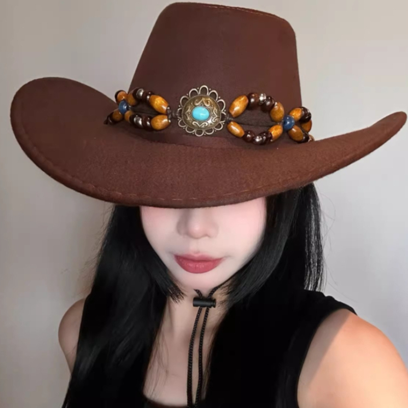 Vintage Tribal Western Cowboy Hat Ethnic Pattern Wide Brim Casual Sun Hat Retro Suede Big-edge Cowgirl Denim Hat for Travel