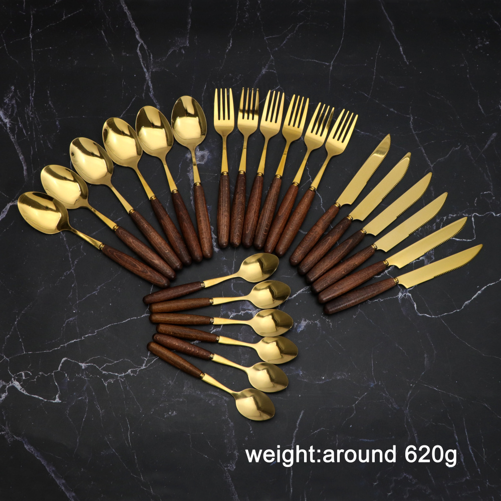 Jaswehome Flatware Cutlery Set Durable Stainless Steel Tableware Wooden Handle Gold Dinnerware Spoons And Forks Set 4-24-pieces: 24pcs set