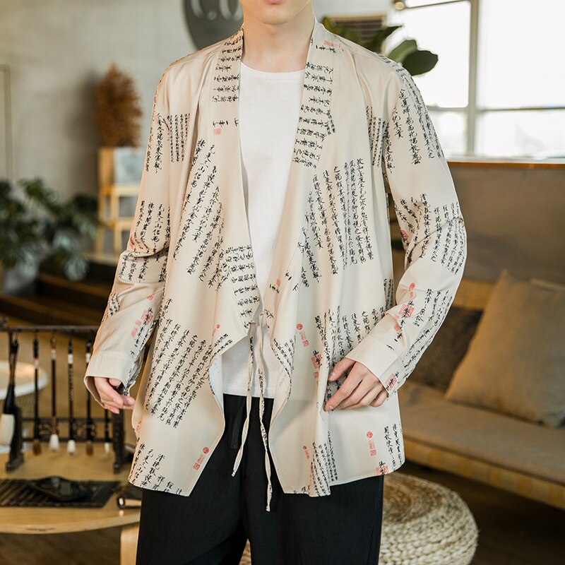 Tops con palabras de poetría china de estilo tradicional para hombres, cárdigan informal suelto con estampado Hanfu, camisas de Oriental, ropa de calle