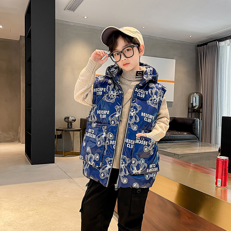 Inverno quente sem mangas jaqueta de algodão jaqueta infantil grosso com capuz para baixo colete de algodão menino adolescente azul dos desenhos animados impressão zip colete 4-13 y: blue / 7