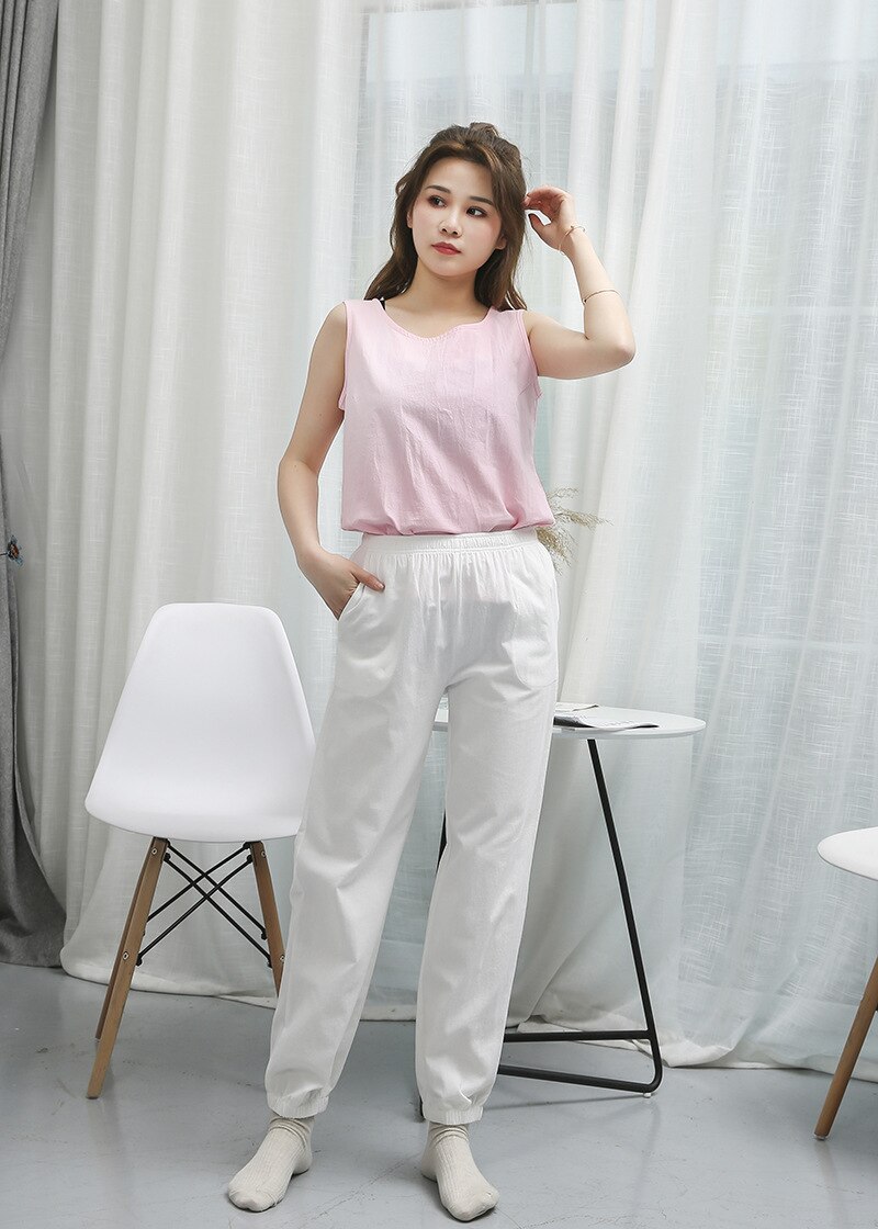 Pantalones de pijama para mujer, ropa de dormir de algodón y lino, Leggings de Color sólido, para el hogar, novedad de verano: Blanco / L