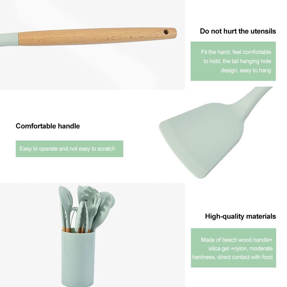 12 Pieces of Silica Gel Kitchenware Set, Non Stick Pot, Cooking Tool, Wooden Handle, Shovel Spoon Set, Kitchen Utensils, Cooking