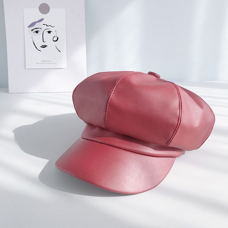 Cuero octogonal cap mujeres invierno otoño cap casual boina Hat niñas artista pintor cap hombre tapa plana: wine