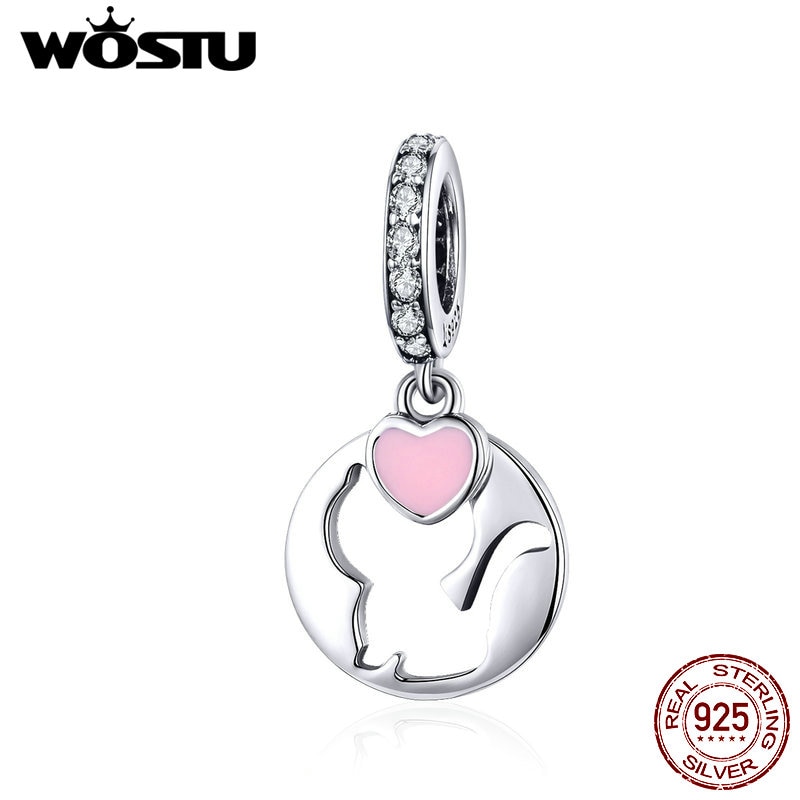 WOSTU 925 Sterling Silver Cat Dangle Charms Pink Heart CZ Bead Fit Women Original Bracelet Bangle Animal Charms Jewelry CQC1140