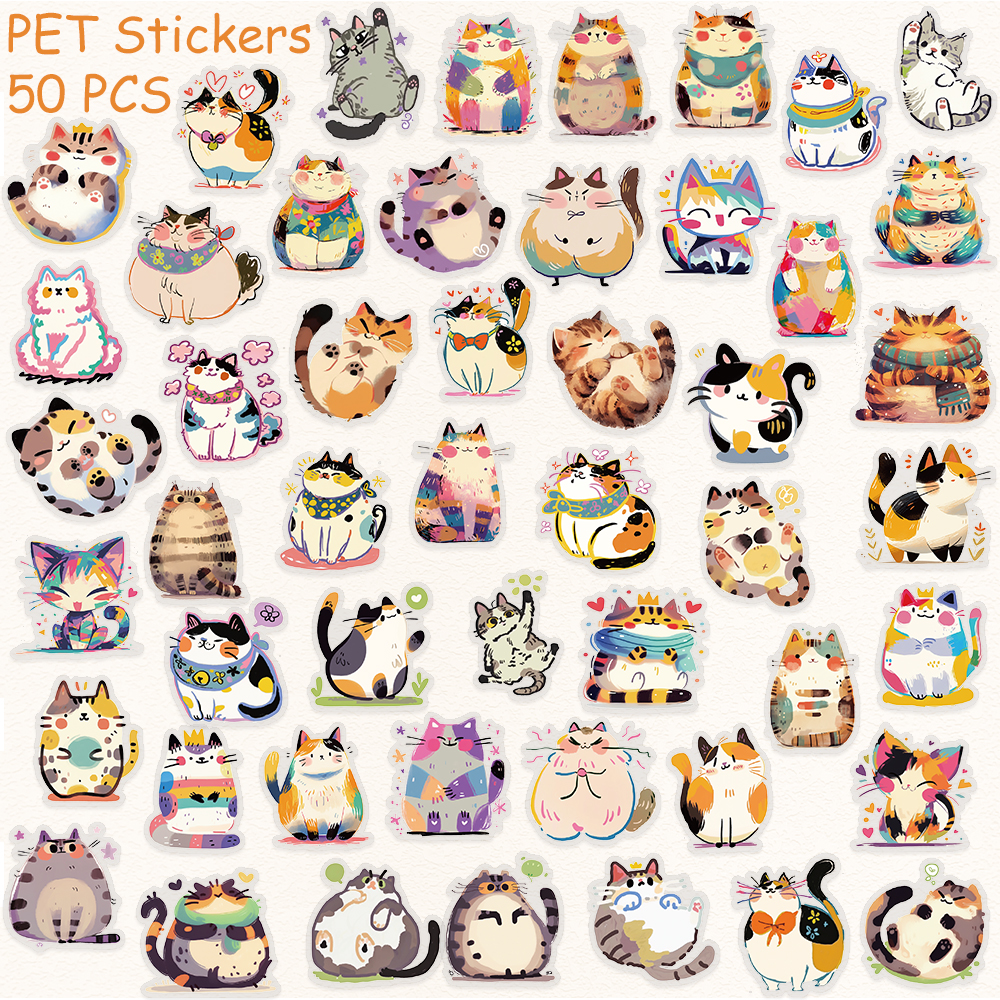 50 stuks cartoon schattige katten PET-stickers stickers voor telefoon laptop notebook skateboard gitaar DIY esthetische transparante stickers: Default Title