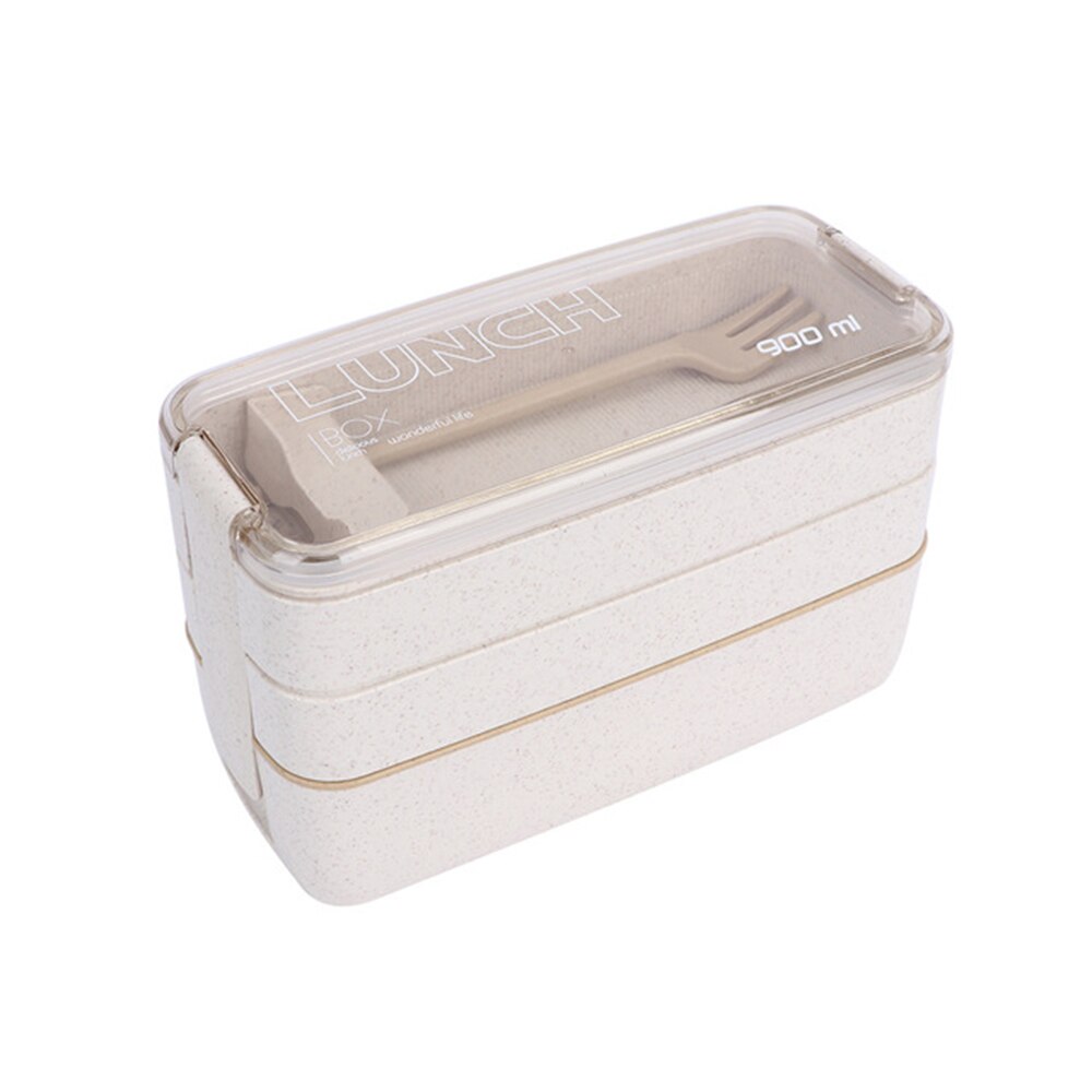 900ml 3 Layers Bento Box Eco-Friendly Lunch Box Food Container Wheat Straw Material Microwavable Dinnerware Lunchbox: Beige