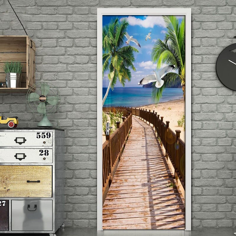 3D Coconut Tree Seascape Wall Window Door Sticker Removable Mural Poster Waterproof Wall Sticker Imitation 3D Door Decal Tapety
