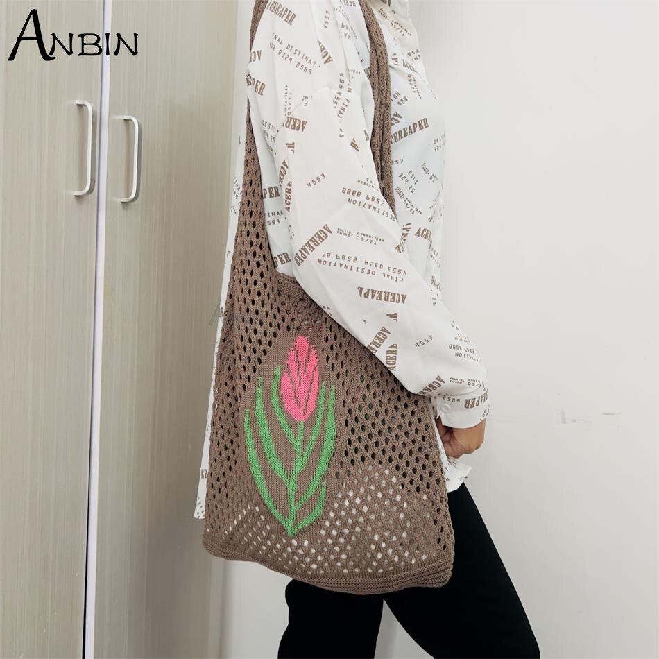 Vrouwen Tassen Gebreide Vest Strand Schouder Bakken Bloem Patroon Gehaakte Tas Grote Capaciteit Vrouwelijke Handtas Shopper