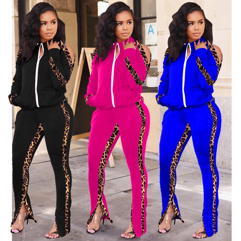 Women Suit Stand-up Collar Jacket Bundled Ankle Sports Pants Two-piece Leopard Print Ladies Suit Warm Comfortable Stitching