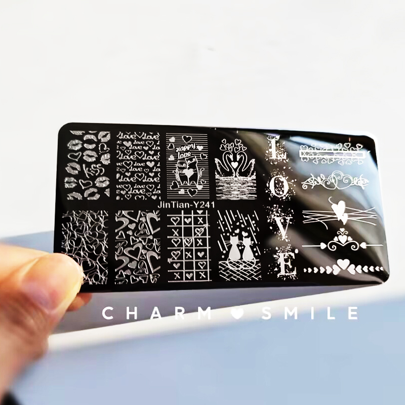 Placas de estampado de uñas con personajes de dibujos animados, amor, Día de San Valentín, estampado de hojas de flores, arco, corazón, plantillas de sellos para uñas, herramientas de decoración de uñas: Gris