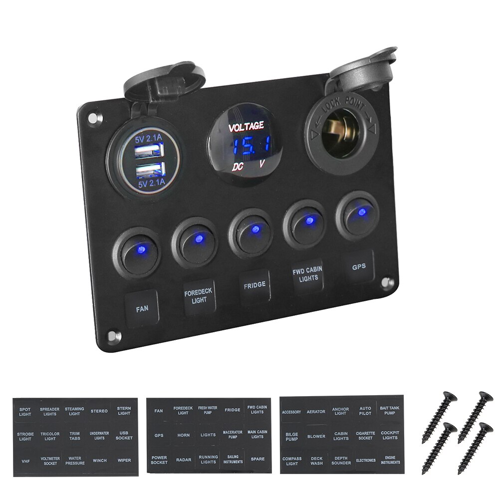 5/6 Gang Rocker schalten Tafel Mit Sicherung 4,2 EIN Dual USB Slot Steckdose Digital Spannung Anzeige für Marine Stiefel Auto lkw Wasserdicht: 5 Gang  Rocker Blau
