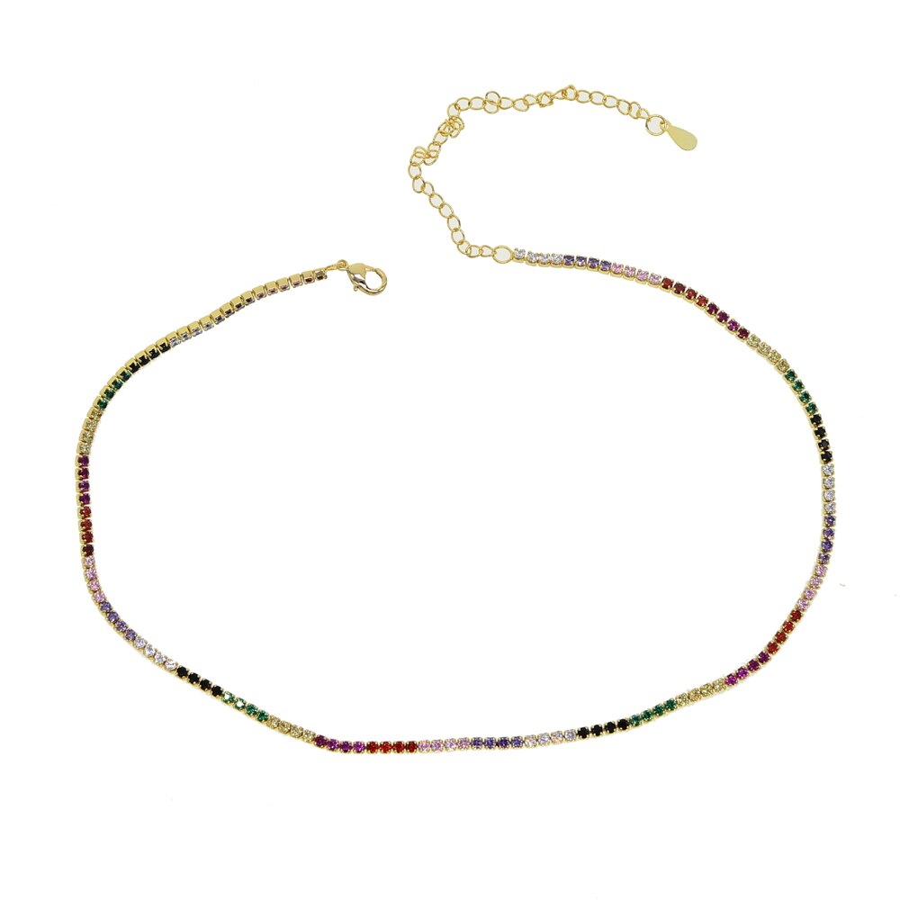 personality 2mm cz chocker necklace rainbow tennis chain colorful cz women collar link chain chic necklace jewelry 35+10cm: Gold