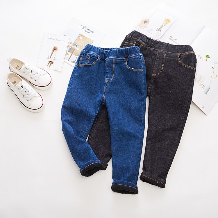 Piger vinter denim bukser børn børn baby koreansk casual plus velour jeans varme lange bukser