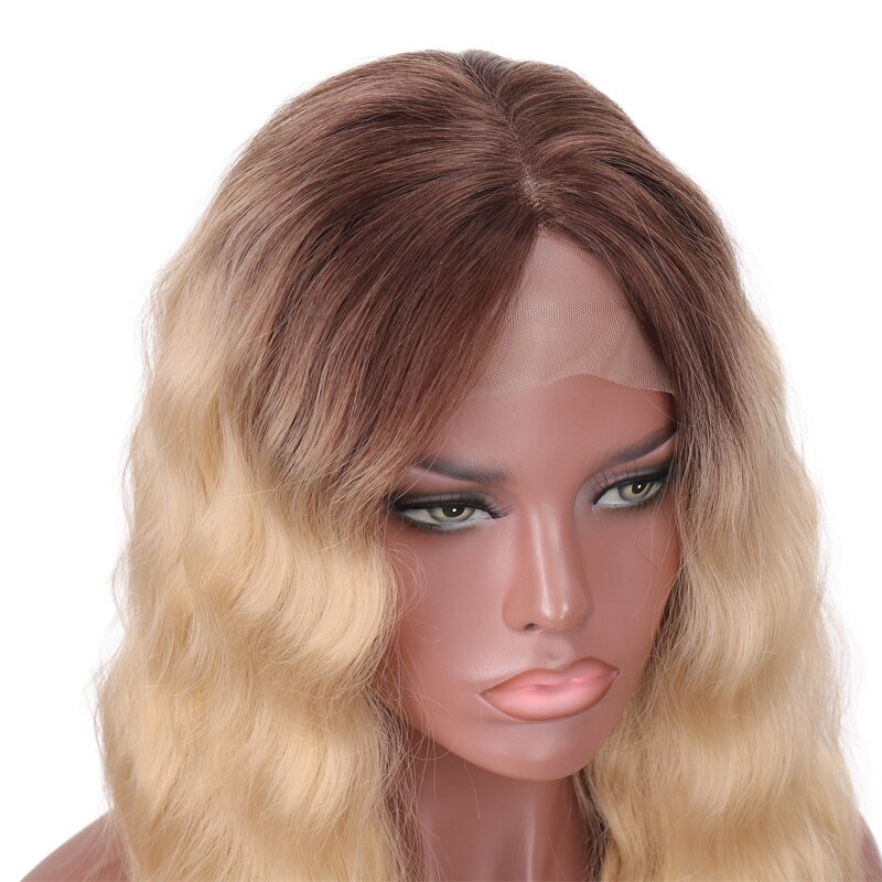 28 tommer deep wave blonde frontparykker til kvinder omber farve sort syntetisk hår limfri blonde parykker med naturlig hårlinje