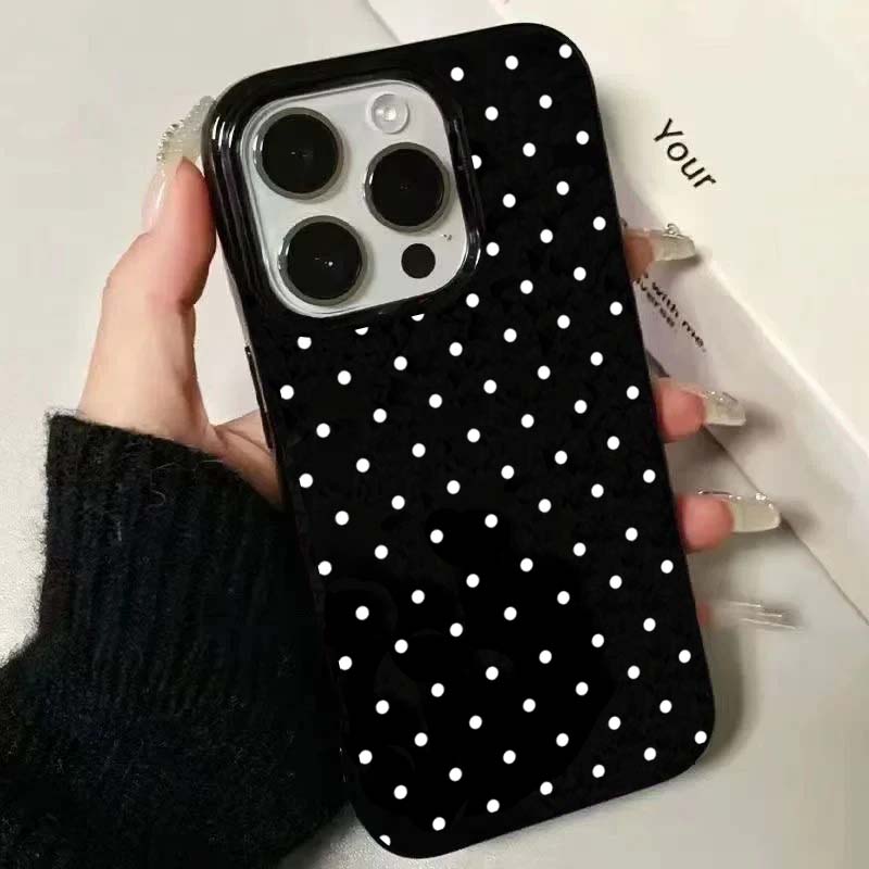 Korean INS White Polka-Dot Phone Case For iPhone 16 15 Plus 14 13 12 11 Pro Max X XR XS 16E 7 8 Plus Black Shockproof Soft Cover: Neoprene