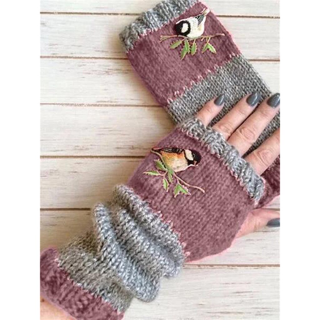 Guantes de punto con bordado de pájaros para mujer, guantes de punto sin dedos y de terciopelo con empalme de bloque de Color, guantes para mujer, guantes de Rekawiczki Damskie: Pink