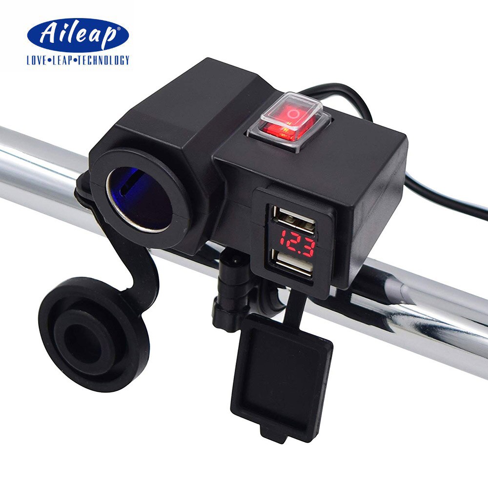 Aileap Motorcycle Cigarette Lighter Socket Dual USB Ports Phone Charger Adapter with Battery Voltmeter and Power Switch