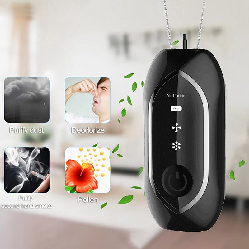 Mini Hanging Neck Air Purifier, Stylish Personal Wearable Portable Necklace Air Purifier Negative Ion Generator Black