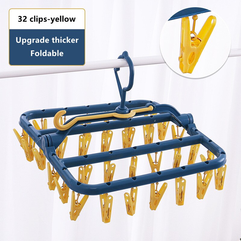 32-Clips Multifunctional Drying Rack, Foldable Side Hanger, Household Socks For Drying, Children's Hanger, Dormitory Drying Rack: yellow