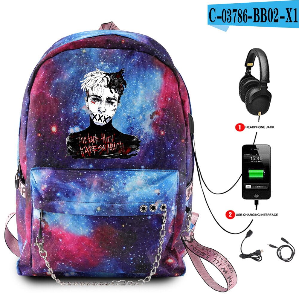 XXXTENTACION di scuola Dello Zaino zaini per adolescenti ragazzi Delle Ragazze Borse per Studenti Sacchetto Del Computer Portatile Del USB di viaggio multifunzione Luminoso Pacchetto: 9