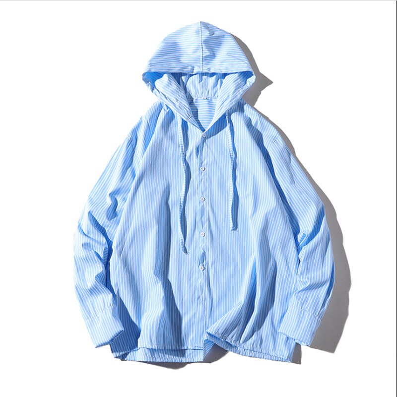 Chemise à capuche en coton pour homme, coupe ample, décontractée, à rayures, avec boutons, protection solaire,