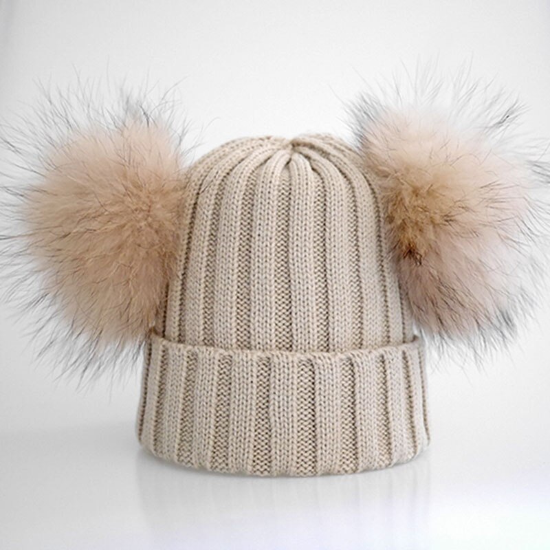 Volwassen Dubbele Bont Pompon Winter Hoeden voor Vrouwen Wol Blend Gebreide Heren Hoeden en Caps: khaki