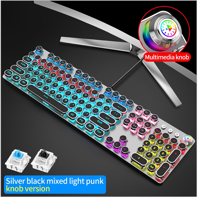 Punk Gaming Mechanical Keyboard Keys Multimedia Knob Steampunk Keyboards Metal panel for Laptop Desktop US Russian Sticker: Knob button black / Black Switch