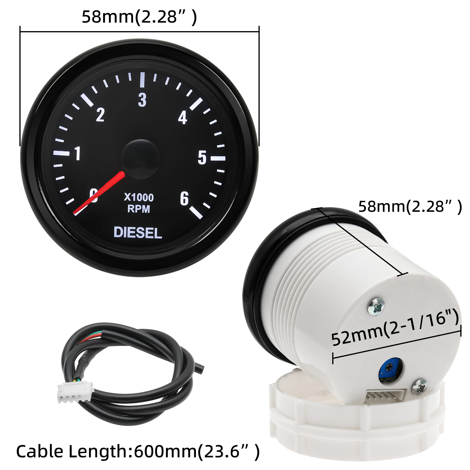 Tachymètre électrique 2 "52MM 0-6000 tr/min, rétro-éclairage blanc, jauge pour moteur Diesel 1-20 cylindres 12V