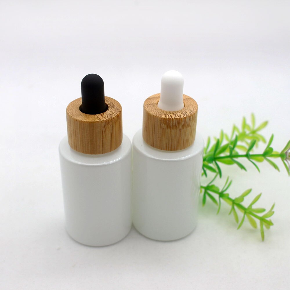 30ml White pearlescent glass dropper bottle bamboo lid pipette cosmetic lotion packaging container