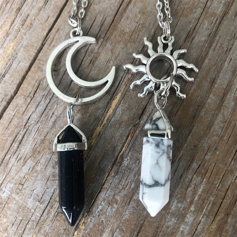 Couples 2 European and American Retro Sun Moon Natural Stone Hexagonal Column Crystal Couple Jewelry Necklace