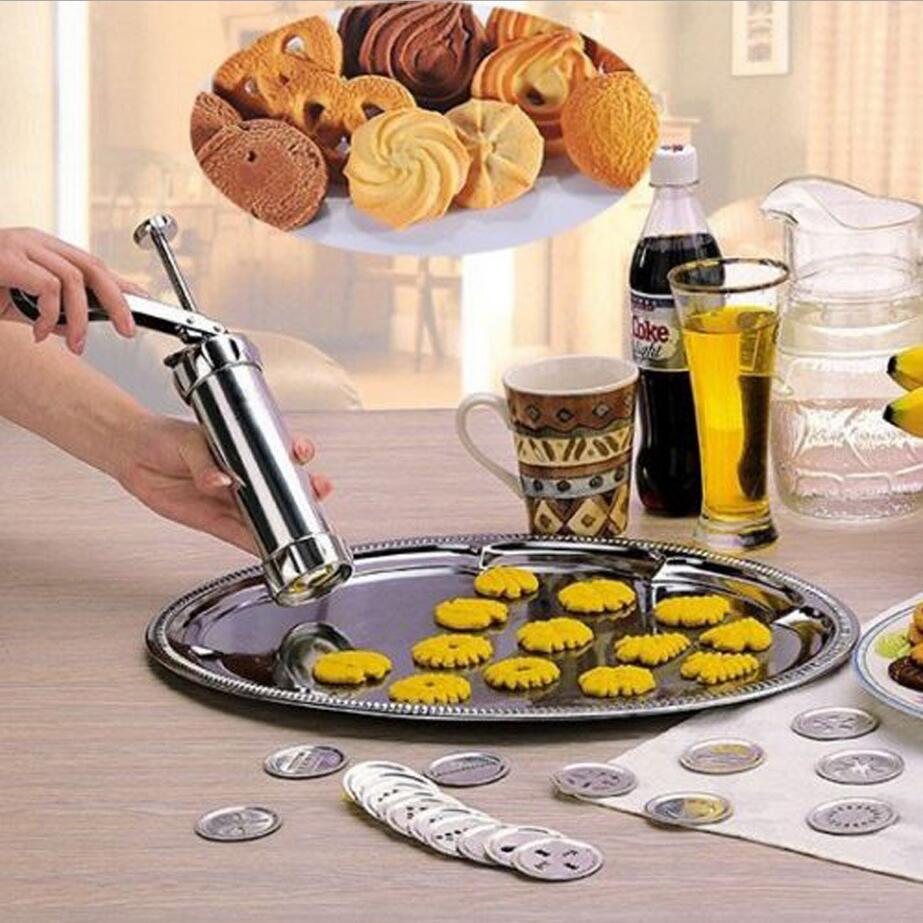 Kjekspressesett cookie maker maskinsett rustfritt stål 20 skiver 4 glasur tips spritz deig kjeks som lager kakepynt