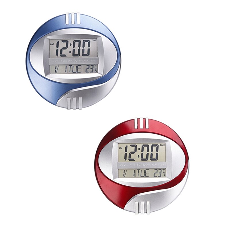 2 stk temperaturdisplay digital vegg elektronisk klokke lcd moderne kalender ledet brakett klokke stum - blå og rød