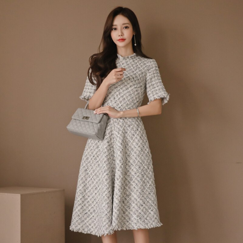 frühjahr Neue Kleine Duftenden Tweed Kleid Frauen Halbe Hülse Hohe Taille Midi- Kleid Elegante Plaid schlank passen A Linie quaste Kleid: XL